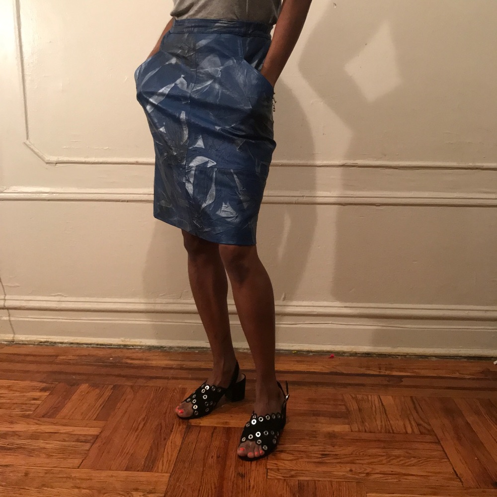 Vintage Parisian Painted Blue Leather Skirt